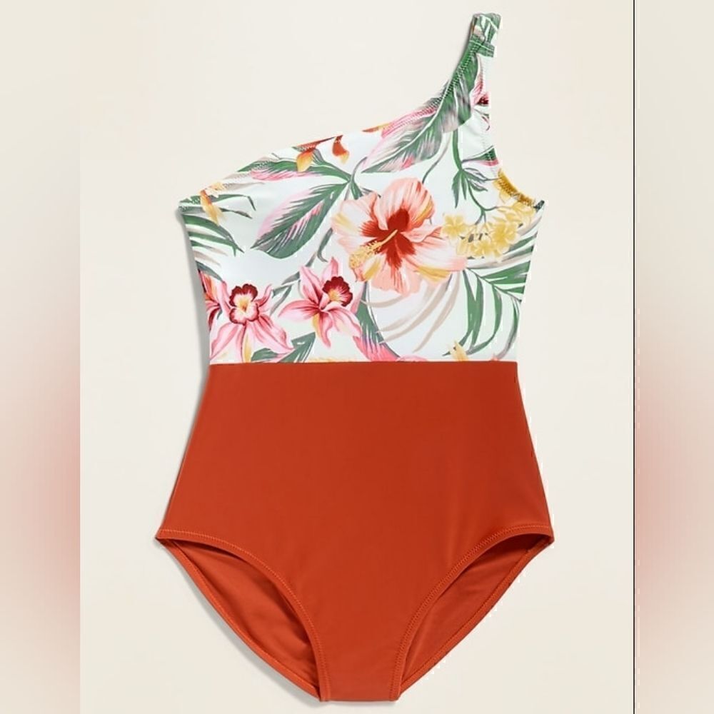 Old Navy One-Shoulder Print/Color Block One-Piece Swimsuit